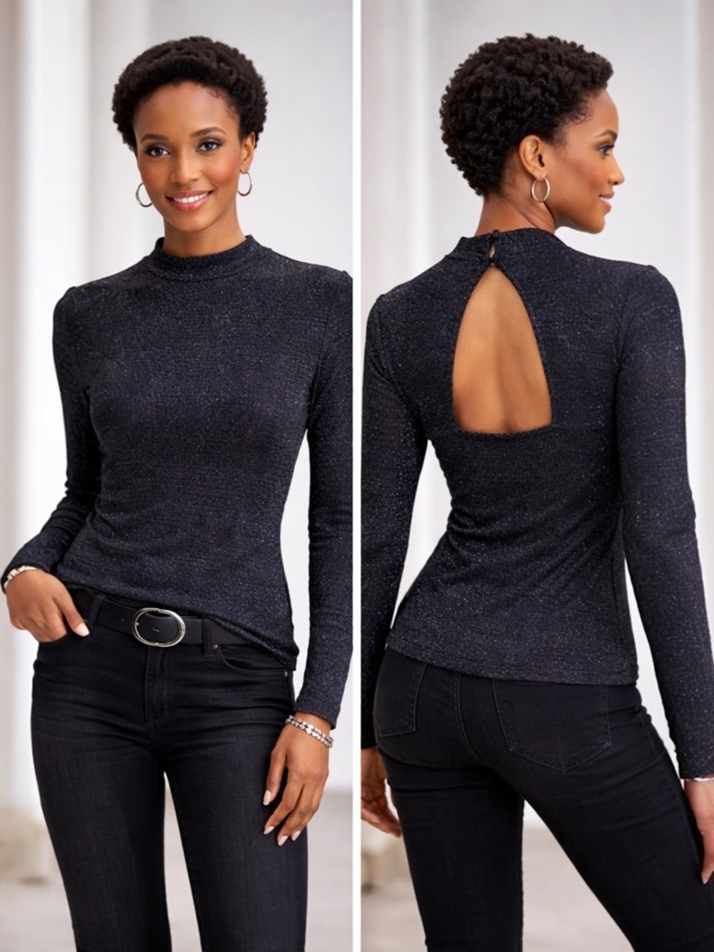 Metallic Glam Mock Neck Top Cut Out Back Black + Blue Women's Large